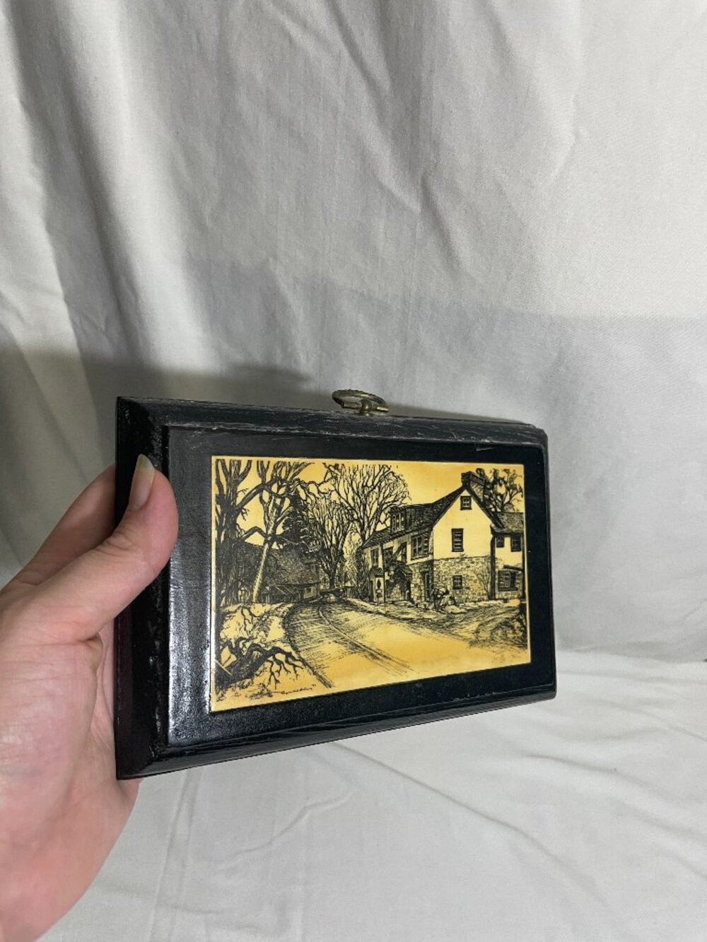 Vintage Country Farmhouse Landscape Art Black Wood Wall Plaque Signed Joyce 8”